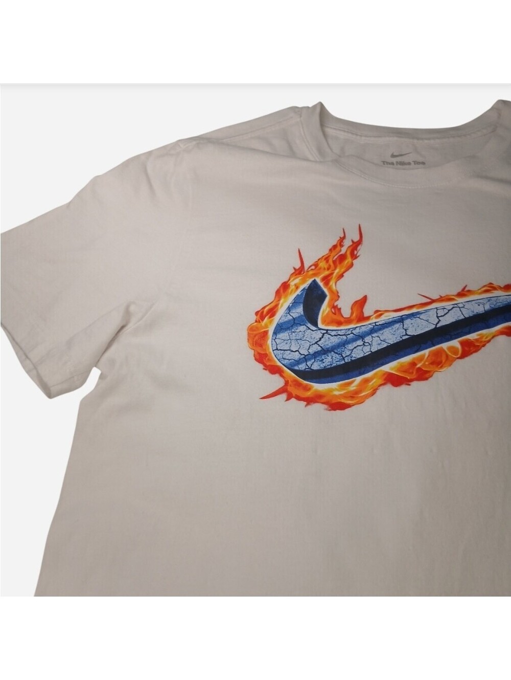 Nike The Nike Tee Large L White Graphic T-Shirt Blue Flame Fire Big Swoosh Logo
